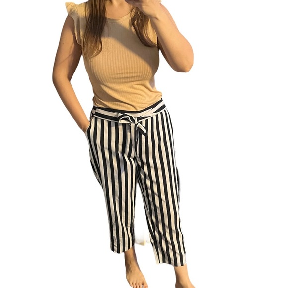 Worthington black and white vertical stripe pull on tie waist pants 10 petite - Picture 1 of 7